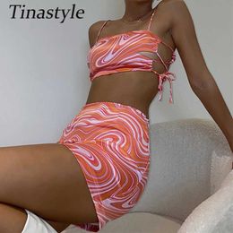 Tinastyle Fashion Printed Party Outfits Vrouwen Tweedelige Set Crop Tops en Rokken Pak Vrouwelijke Lace Up Bodycon Clubwear Vestidos X0709