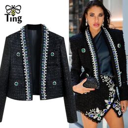 Tingfly diseñador de lujo cristal estilo corto chaqueta de Tweed abrigos señora invierno otoño alta calidad celebridad prendas de vestir Casual 240112