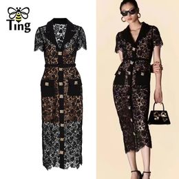 Tingfly Designer Pisters High Quality Lace Party Dinner Robes Summer Bouton Decor France Chic Slim Fit Robes 240410