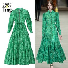 Tingfly Runway Designer Imprimer floral simple Single Bretested Lantern Sleeve Maxi Long Party Robes With Sashes Lady Chic Robes Vestidos 240410