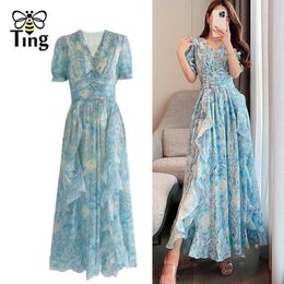 Tingfly Vintage Painting Artistic Van Gogh Print Ruches Chiffon Long Party Jurken Women Elegant High Taille A Line Casual Robes 240416