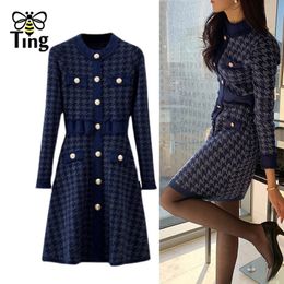 Tingfly mujeres invierno otoño vestido de punto pata de gallo decoración del botón flaco dama una línea prendas de punto casual mini vestidos cortos 231228