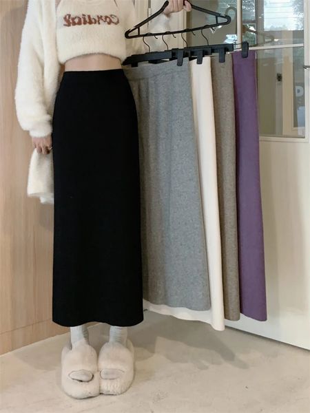 TingYiLi automne hiver jupes tricotées femmes Beige gris noir violet jupe longue Style coréen dames élégantes jupes droites serrées 240306