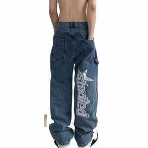 Tint EAR Hiphop Lettre Broderie Y2K Denim Jeans Lâche Pantalon Droit Pantalon Large Pour Hommes Couples Streetwear Cargo Coréen 51fG #