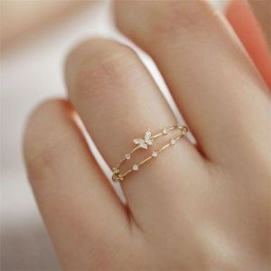 Anillo de oro de 14k con mariposa pequeña y delicada para mujer, anillos ajustables finos a la moda, accesorios de cristal, joyería INS al por mayor