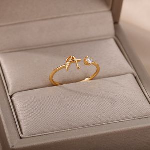 Anillos pequeños con letras iniciales para mujer, anillo de A-Z ajustable con letras de acero inoxidable dorado, joyería estética Bohemia, bisutería para mujer