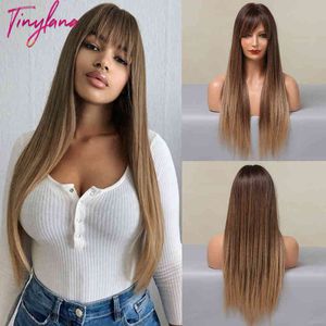 TINY LANA Synthétique Longue Ligne Droite Perruques avec Frange Brun Blonde Perruques Pour Les Femmes Naturel Résistant À La Chaleur Ombre Noir D'or Cheveux