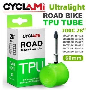 Tires CYCLAMI Ultralight Tube Road Bike MTB Bicycle TPU Material Inner Tire 60mm Length French Valve 700C Patch Kits 0213