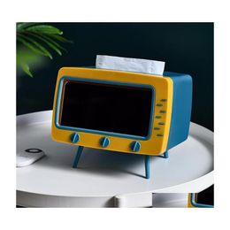 Tissueboxen servetten 2 in 1 retro tv -vorm doos desktop papierhouder dispenser opslag servet case organisator met mobiele telefoon drop dhb3m