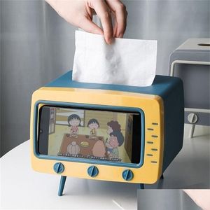 Tissue boxes servetten creatief 2 in 1 tv tissue box desktop papierhouder dispenser opslag servet case organisator met mobiele telefoon dh7ib