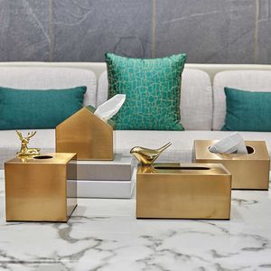 Weefselboxen servetten Europese luxe messing tissue doos gouden creatieve geometrische vierkante huis opslagbus woonkamer tafel modern woningdecor Z0505