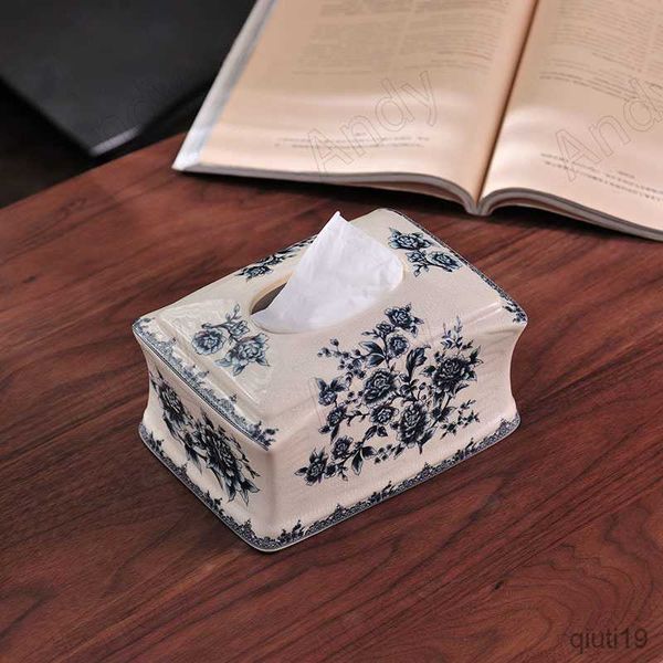 Boîtes à mouchoirs Serviettes Boîte à mouchoirs en céramique moderne Porcelaine bleue et blanche chinoise Boîtes à papier de bureau Ice Crack Décoratif Salle à manger Serviette Organisateur R230715