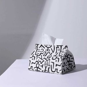 Tissueboxen Napkins Noordse pomppapierdoos Twodimensionaal codepatroon Tissue Box Creative Desktop Woonkamer Decoratief PU Leather Tissue Box Z0505