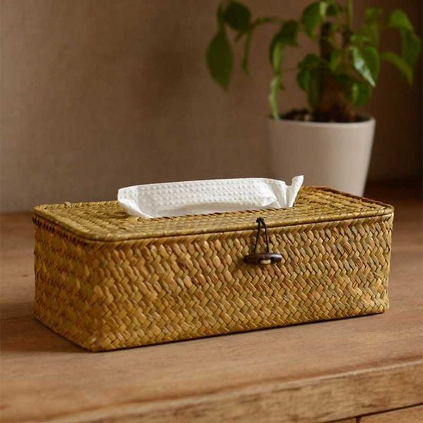 Taschentuchboxen, Servietten, Rattan-Taschentuchbox-Abdeckung, rechteckige Serviettenhülle, gewebter Serviettenpapierbehälter, Zuhause, Auto, Serviettenhalter, Ofiice Home Organizer Z0505