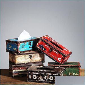 Tissue boxes servetten retro creatief container ontwerp ijzer doos huis auto servet papieren houten handdoek opslag case decor drop levering 2021 dh84r