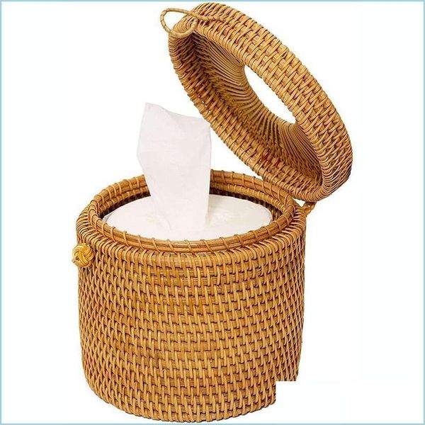 Boîtes à mouchoirs Serviettes Boîte ronde en rotin Porte-rouleau de vigne Distributeur de papier toilette pour salle de bain Salon Maison E Nerdsropebags500Mg Dhj6X