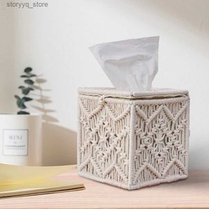 Tissuedozen Servetten Tissuehouder Opbergbak met Deksel Boho Kraal Gesp Tissue Box Cover Vierkant Katoenen Touw Decoratief voor Thuiskantoor Woonkamer Q240222