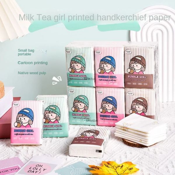 Tissue Milk Tea Girl Cartoon Print Chifteur de papier tissu papier Restauration Papier mignon Portable Portable Small Package Tissues faciales 3 Pli