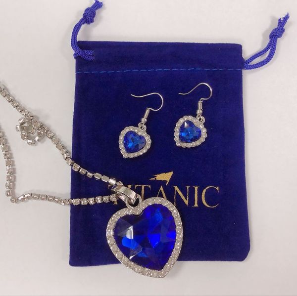 Titanic Heart of Ocean Blue Heart Love Forever Collier pendentif avec boucles d'oreilles Titanic + sac en velours