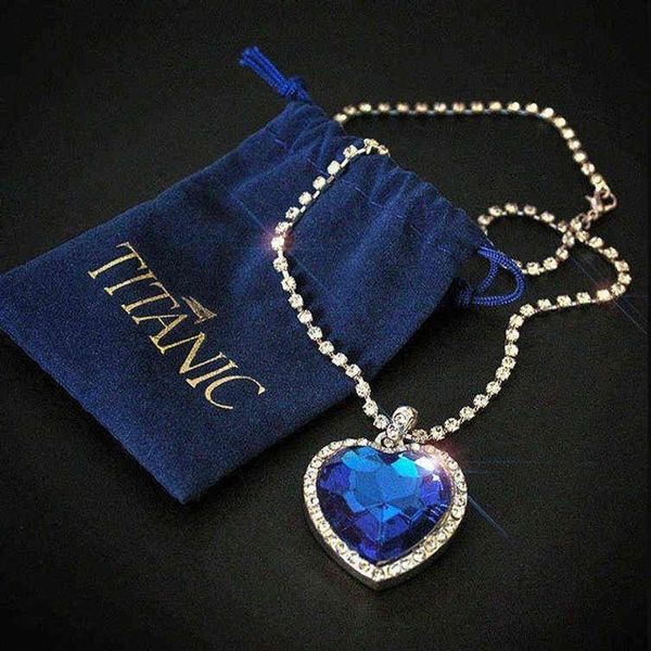 Titanic coeur d'océan bleu coeur amour pour toujours pendentif collier sac en velours Y1218247C