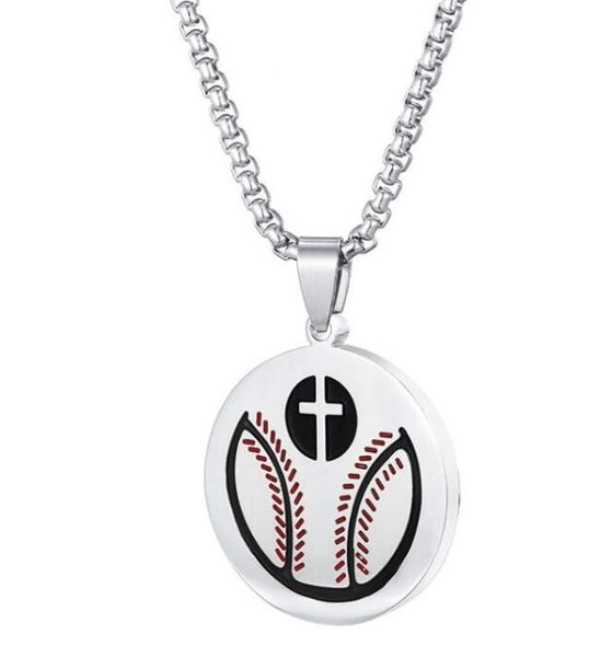 Accessoires de sport en titane, croix ronde, collier de batte de Baseball, pendentif or argent noir, couleur acier inoxydable, pendentifs de softball