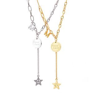 Titane Acier Plaqué Or 18K Souriant Étoile Pendentif Collier Bonne Chance Lettre Collier Bijoux pour Femmes