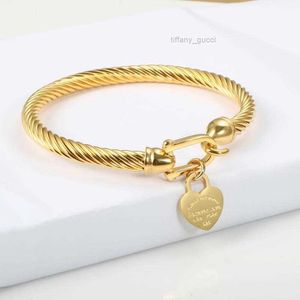 Titanium Steel Bangle Kabel Draad Goud Kleur Love Heart Charm Bangle Armband Met Haak Sluiting Voor Vrouwen Mannen Bruiloft sieraden Gifts1