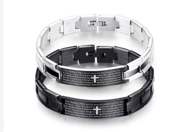 Titanium Steel Black Cross Bracelet English Bible Lord039S PRIME CHARMS CUFF BRACET ANNAYAGE POUR LA COUPE MEN COUPLES CADEAU BIED2498503