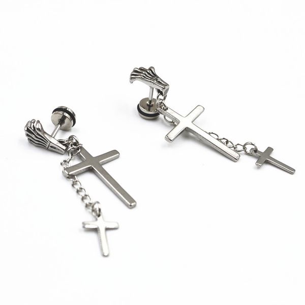 Chaîne en acier titane croix crâne main boucles d'oreilles populaires européennes et américaines personnalité punk vent piercing boucles d'oreilles spot en gros