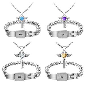 Titane Acier Concentrique Serrure Bracelet Amour Clé Brillant Strass Pendentif Collier Wediing Couples Bijoux Ensemble Cadeaux De Fiançailles Pour Les Amoureux