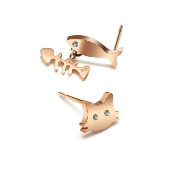 Titane acier mignon chat boucles d'oreilles poisson os goutte 3 couleur boucle d'oreille pour femmes fille enfant mode asymétrique bijoux