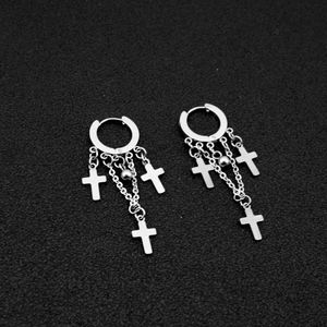 Boucles d'oreilles en acier au titane Hoop Dangle Chain Cross Hoop Boucles d'oreilles Anti Allergy Unisex Punk Body Jewellery