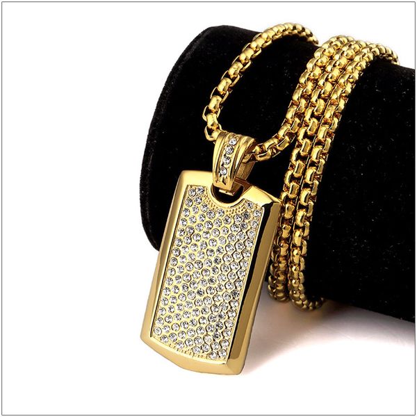 Titane Acier Hipsters Punk Hip Hop Bijoux 24K Plaqué Or Strass Dog Tag Pendentif Longue Chaîne Collier Pour Hommes Femmes