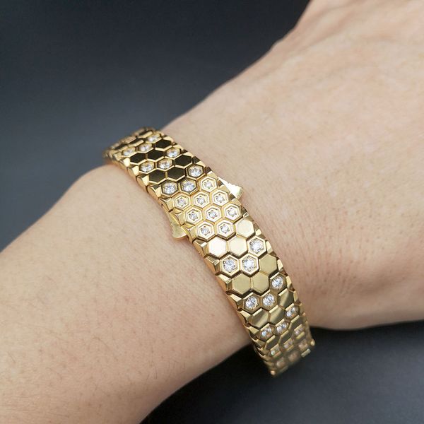 Rhombus en nid d'abeille en acier titane avec bracelet de montre en zircon pour hommes femmes bracelet punk plaqué or 18 carats bijoux hip hop 21 cm * 1,35 cm