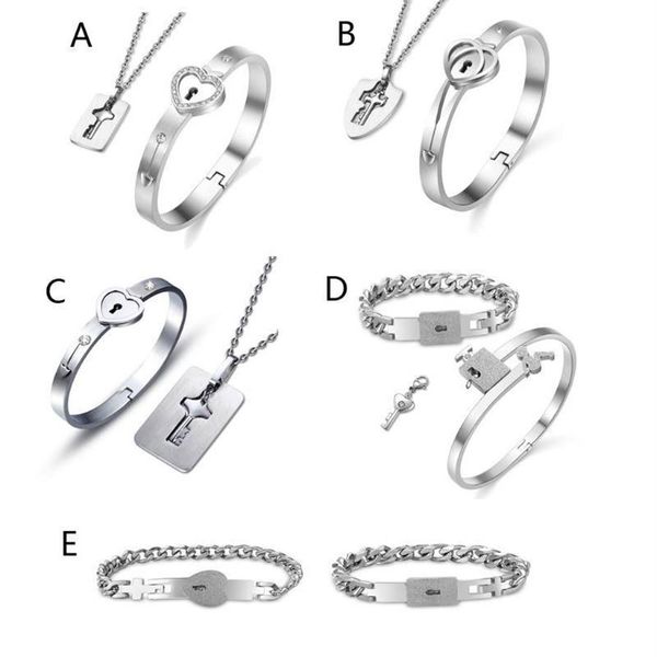 Titanium Steel Love Puzzle Couple Heart Lock Key Bracelet Collier Lover Bijoux Set Oread Boes d'oreilles 289m