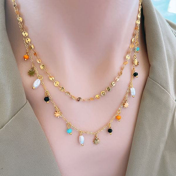 Collier en acier titane double couche pompon en or 18 carats perles colorées collier pendentif trèfles coquille en gros Chine bijoux maman cadeau