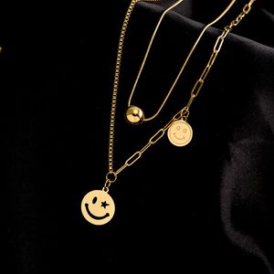 Collier en acier titane pour femmes, léger, luxe, Double couche, pendentif visage d'humeur souriant, bijoux à la mode