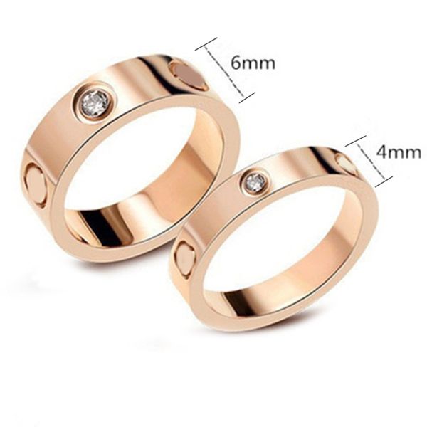 Anillo de amor de plata de acero titanio para hombres y mujeres, joyas de oro rosa para amantes, anillos de pareja, regalo de la marca Luxurys, anillo de banda de diseñador de diamantes grabado con tornillo, anillo de dedo de 4/6 mm