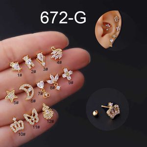 Titane Acier Tige Mince Zircon Earbone Clous Boucles D'oreilles Goujons Visser Papillon Couronne Étoile Lune Earnail Boucles D'oreilles Goujons Pour Femmes Oreille Stud 14K Plaqué Or Bijoux