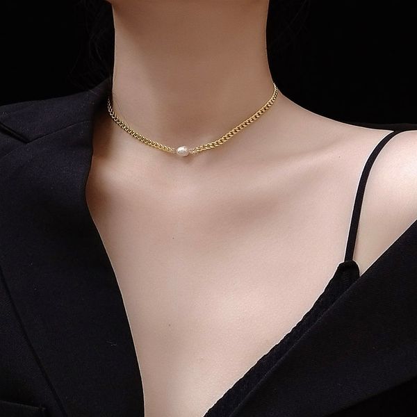 Titanio con oro de 18 quilates Collar de perlas naturales reales Wowen Stainess Steel Jewelry Party Designer T Show Runway Vestido Japón Coreano Q0531