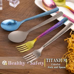 TiTo 2PCS Rainbow Color Titanium Spoon Fork Squre Handle for Outdoor Camping Home Tableware Eco-Friendly Pure Titanium Spoons Fork