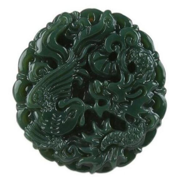 TJP naturel sculpté rond Dragon et phénix HETIAN jade pendentif chine QINGYU vert collier pendants9417785