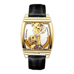 TK-TOPSELLING Transparant Mens horloges Mechanische automatische polshorloge lederen band top Steampunk zelfwikkelende klok mannelijke Montre Homme horloges cadeau