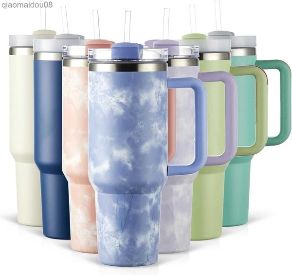 TKK Vasos de 40 oz con asa y tapa de paja Taza de viaje de acero inoxidable reutilizable aislada Taza de café helada de doble pared para bebidas frías y calientes Tie Dye Blue HKD230830