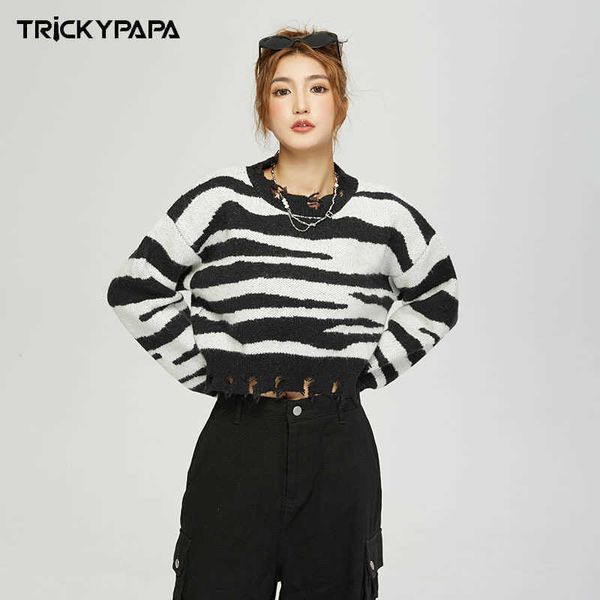 TKPA – pull court américain à rayures contrastées pour femme, haut tricoté, style fille paresseux et épicé, taille ouverte, nouvelle collection hiver 2023