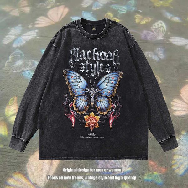 TKPA American High Street Definition Spray Direct Butterfly Graffiti Print Washed Old T-shirt à manches longues pour hommes et femmes