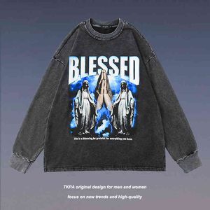 TKPA American Vintage Angel Print Round Neck Sweater Men en Women Loose Hip Hop Street