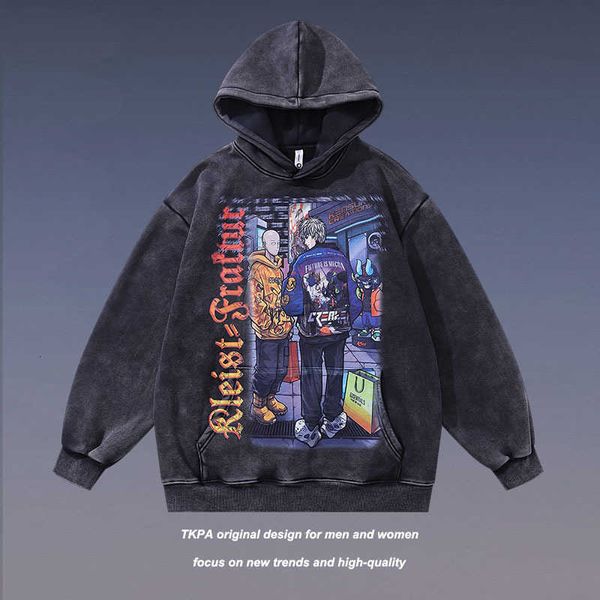 TKPA Harajuku Street Fashion Card Impresión Directa De Dibujos Animados Sudadera con Capucha Informal para Hombres Y Mujeres Hip Hop Pareja Lavada