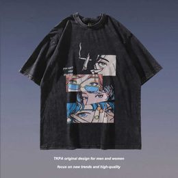 Tkpa High Street Gebruikt Wassen Grappige Cartoon Gedrukte T-shirts met korte mouwen voor mannen en vrouwen Ins China-chique merk OversizeD45Y