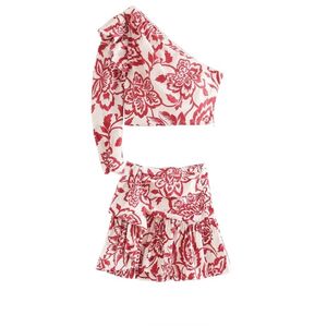 TMODA, camisa corta plisada con volantes de un hombro para mujer, blusas ajustadas con estampado de flores de tótem, minifalda Floral, conjuntos de dos piezas 220509
